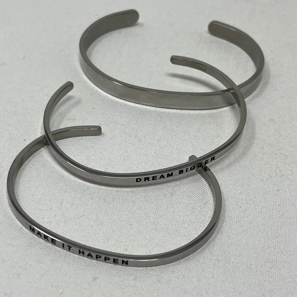 Set of 3 Inspirational Cuff Bracelets Silver Tone Motivational Mantra Bangle NEW